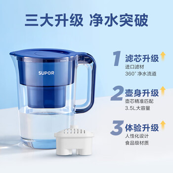 苏泊尔（SUPOR）家用净水壶 便携式滤水壶3.5L蔚蓝1壶4芯过滤净水器净水壶自来水活性炭过滤器滤水器UF03