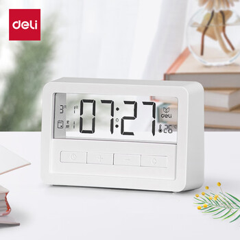 得力LCD透明屏电子闹钟床头钟智能时钟 个性简约家庭卧室懒人温度计 开学升学季必备礼物 白色8856