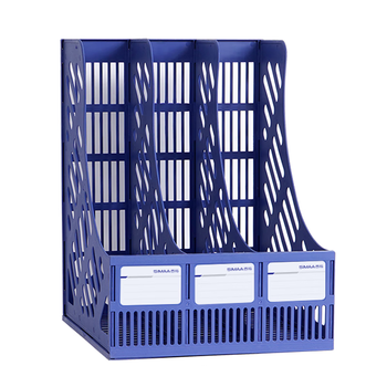 西玛（SIMAA）三联镂空桌面文件框书立架 带标签办公室文件架/文件栏/文件筐/资料收纳框 商务蓝 6896