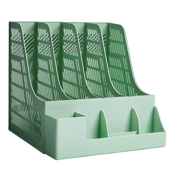 西玛（SIMAA）四联文件框莫兰迪色 桌面办公室多栏资料架 档案报告学生书立架 塑料收纳框自带笔筒 抹茶绿6157