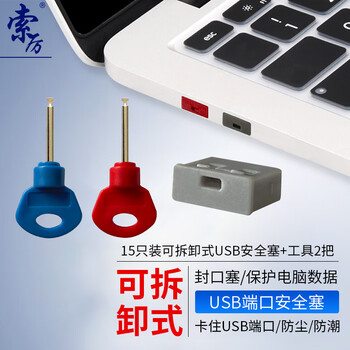 索厉 USB安全锁可拆卸式USB安全塞封口塞防尘塞/USB通用堵头安全塞/工具2把+银灰色塞子15个装/80012