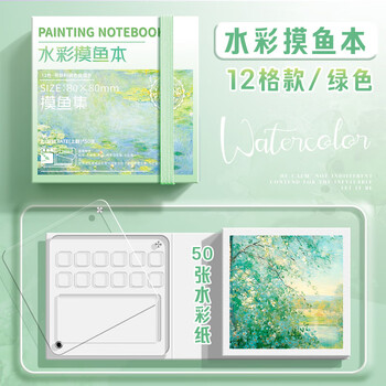 反转摸鱼集画本迷你水彩颜料盒亚克力盒随身便携儿童写生旅行绘画调色盘画板1本12格款/绿色美育工具