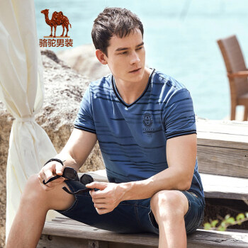 骆驼（CAMEL）男装 夏季青年时尚韩版V领短袖t恤男士印花休闲体恤 蓝色 XL