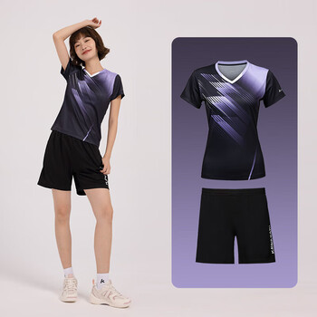 川崎（KAWASAKI）羽毛球服女款款专业运动V领短袖+短裤套装B2813 黑色 3XL