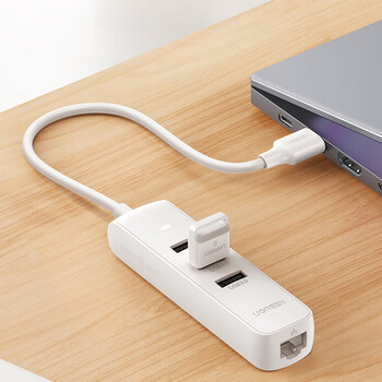 绿联 CM416 网卡 USB3.0分线器转网口 转接头扩展坞 HUB集线器RJ45转换器 白色 50618