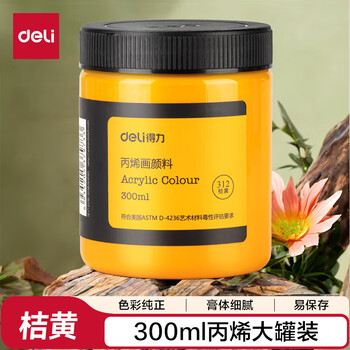 得力（deli）丙烯颜料300ml大容量桔黄墙绘手绘DIY画画丙烯画大桶装大瓶美术绘画色彩73875美育工具