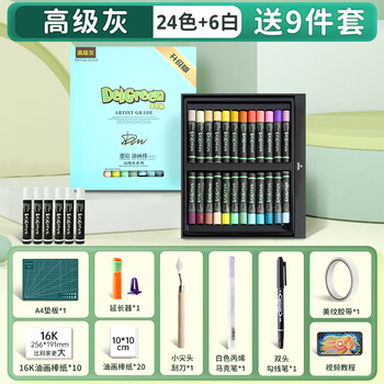 丹可林重彩油画棒diy生日套装儿童安全蜡笔彩色软性重彩入门中软油画棒美术蜡笔工具套装高级灰24色30支