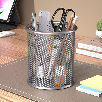 西玛（SIMAA）圆形笔筒网纹防锈办公金属 创意简约桌面收纳 银色20244