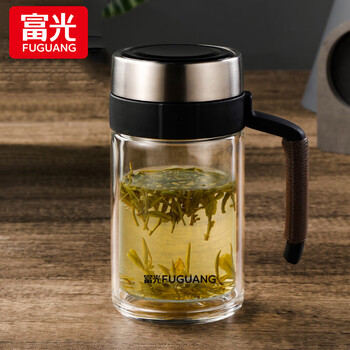富光悠咖商务办公杯500ml双层玻璃杯防烫带手柄G1811-SH-500颜色随机