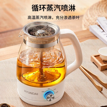 HYUNDAI韩国煮茶器 迷你养生壶一人蒸汽喷淋式蒸茶器全自动升级保温黑茶白茶 白色【不锈钢滤网】 1L