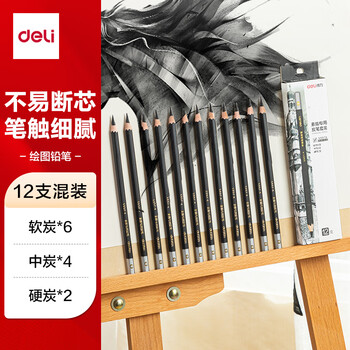 得力（deli）素描炭笔初学者碳笔软中硬三种硬度绘画美术生专用12支/盒S997A涂鸦划线学生国庆出游