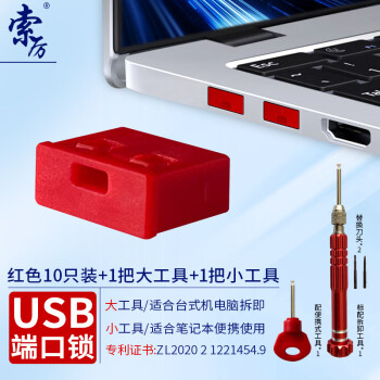 索厉usb端口锁 usb物理安全锁 usb锁 封口塞 usb安全塞 usb 可拆卸防尘塞、红色10个装+2把工具/20088