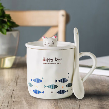 瓷魂 陶瓷马克杯带盖带勺杯子咖啡杯情侣茶杯男女大容量水杯 小猫杯