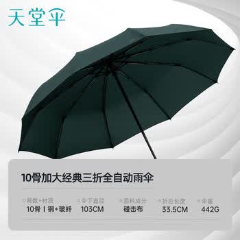 天堂伞 全自动雨伞三折 10骨加固一键开收易甩干简约晴雨伞 冷山绿
