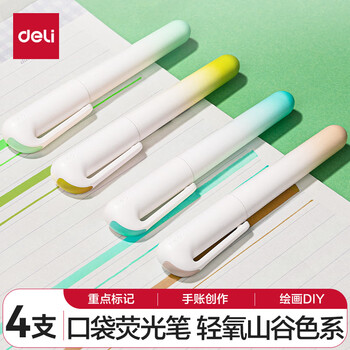 得力(deli)口袋荧光笔轻氧山谷色系 学生考试划重点复习办公手账笔记涂鸦DIY装饰 4支/盒 SK184