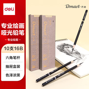 得力（deli）丹途哑光铅笔16B(10支/盒)专业绘画手绘素描彩绘软款画画RK2-16B女孩儿童礼物毕业礼物男女孩