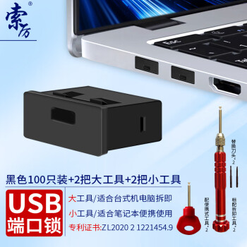 索厉usb端口锁 usb物理安全锁 usb锁 封口塞 usb安全塞 usb 可拆卸防尘塞、黑色100个装+4把工具/20085