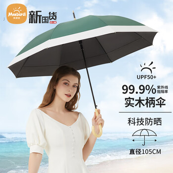 米波迪（Meebordi）防晒伞直杆8骨黑胶太阳伞UPF50+隔热晴雨两用实木手柄