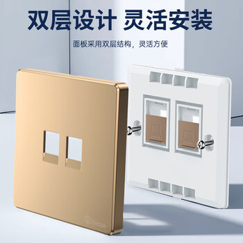 毕亚兹 网络面板 双网口网线电脑插座双扣 适用网络电话信息模块 通用超5/6/7类86型面板金色双口 1个装