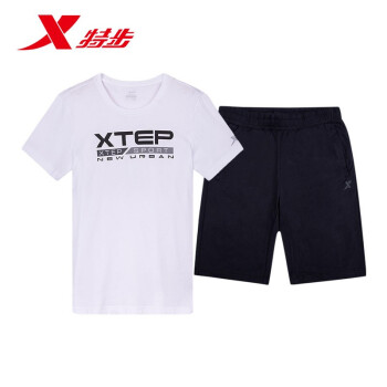 特步运动套装男 夏季新款男装2019短袖t恤五分裤两件套透气运动服r 白