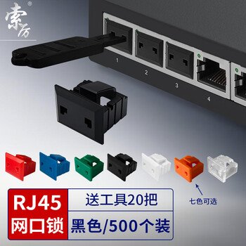索厉 网口锁 可拆卸网口塞/RJ45端口锁/电脑交换机工控机/工具20把+黑色500个/外盖式防尘塞/ 20186
