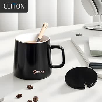CLITON陶瓷马克杯大容量带勺盖咖啡杯牛奶杯早餐杯办公杯茶杯黑色350ml