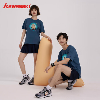 川崎（KAWASAKI）羽毛球服中性款圆领T恤运动休闲宽松透气文化衫B3928 灰蓝色 M