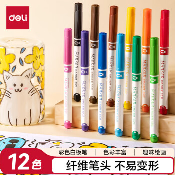 得力（deli）彩色白板笔套装便捷易擦 儿童学生涂鸦绘画笔杆办公会议家庭教学12色S531