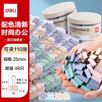得力（deli）48只25mm中号莫兰迪色时尚长尾票夹  升级新配色 48只/筒 8554A
