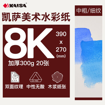 凯萨(KAISA)水彩纸8K300g全木浆水彩水粉纸美术生专业绘画纸粗细纹双面20张
