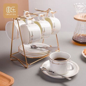 圆乐咖啡杯碟套装欧式金边陶瓷杯西式红茶杯早餐杯牛奶杯6杯6碟6+杯架