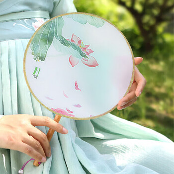 欧利文团扇diy印花团扇结婚成品cos汉服古风扇子中国风宫扇舞蹈苏州苏绣双面半透圆扇 荷风细雨