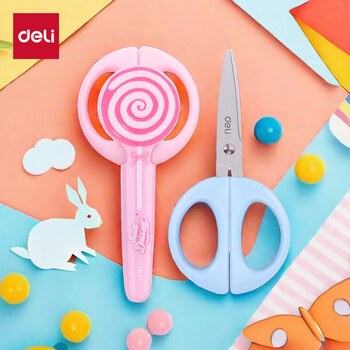 得力（deli）儿童剪刀棒棒糖小剪刀小学生安全圆头一年级手工美工剪刀文具幼儿园3-6岁 红色6069