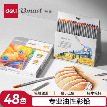 得力（deli）48色丹途油性彩色铅笔高显色美术设计专业手绘专用绘画笔彩铅入门填色彩笔套装RK100-48彩笔画画笔