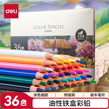 得力（deli）36色油性彩色铅笔高显色美术设计专业手绘专用绘画笔彩铅入门填色铁盒套装6566