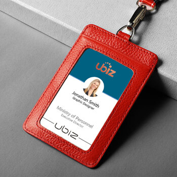 恒色真皮工作牌牛皮证件卡套商务员工胸牌公交饭卡门禁卡套定制 红色棉绳