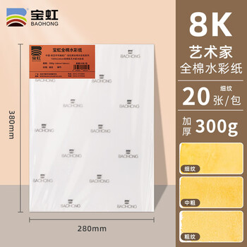 宝虹棉浆水彩纸艺术家级专用美术生水彩画纸彩铅纸速写画画水粉纸艺术家8K/细纹/280X380mm