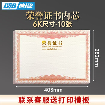 DSB A3荣誉证书内芯6k空白奖状获奖内页可打印表扬信优秀员工荣誉奖状6开(小A3)内芯-10张装 050816