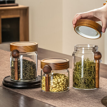 格娜斯透明玻璃茶叶罐密封罐家用高档储存茶叶收纳罐带勺咖啡豆罐500ml