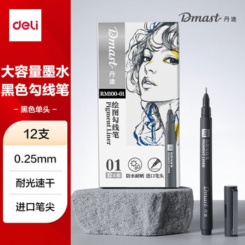 得力（deli）12支0.25mm美术丹途勾线笔-01套装专业绘画手绘素描彩绘软款画画女孩儿童礼物速写 RM100-01