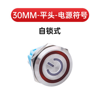佰达特 25/30mm金属按钮开关带灯LED自锁复位220v电源启动防水不锈钢按键30mm-自锁-平头-电源符号（2个）