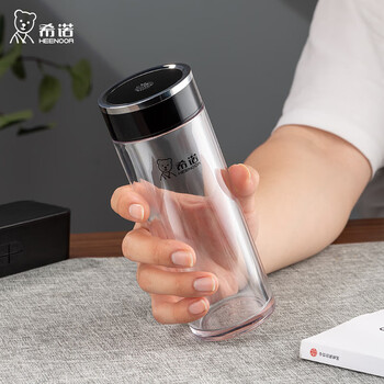 希诺（heenoor）树脂水杯塑料PC杯防烫学生防摔男女便携带盖太空口杯300ml殿堂银XN-8088