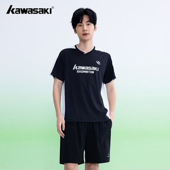 川崎（KAWASAKI）羽毛球服运动短袖T恤男款排汗速干透气休闲服C1026 黑白色 M