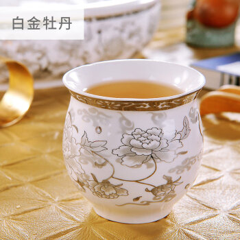 洛威 单个主人茶杯景德镇陶瓷功夫茶具杯子套装家用简约喝茶双层隔热杯 白金牡丹单个茶杯