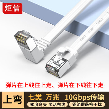 炬信（JUXIN）七类弯头网线CAT7类扁平网线 万兆网络屏蔽双绞连接线 家用电脑宽带成品跳线 上弯白色0.5米