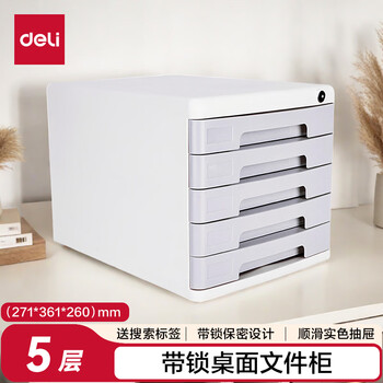 得力（deli）5层带锁手拉办公桌书桌桌面收纳盒收纳文件柜抽屉式 带索引标签资料学科试卷分类 浅灰色9779