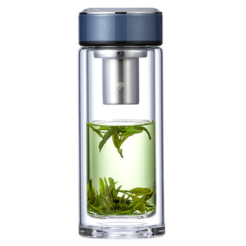 万象 双层玻璃杯 带滤网茶杯水杯 V277 HBC2241-340 340ml 蓝灰色