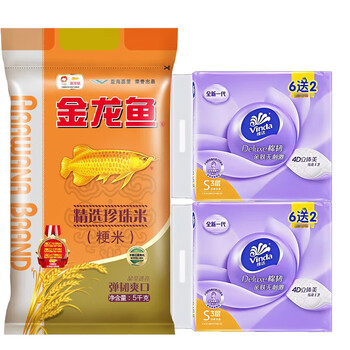 金龙鱼 抽纸V2833棉韧100抽6+2包*2提+金龙鱼精选珍珠米5kg