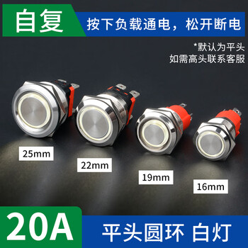 佰达特 49A大电流金属按钮自复自锁防水大功率电源开关启动 220V25mm【20A】复位-平头白色灯（2个）