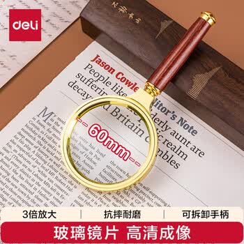 得力（deli）复古金属框木质手柄架放大镜 直径60mm老人阅读高清地球仪配件放大镜